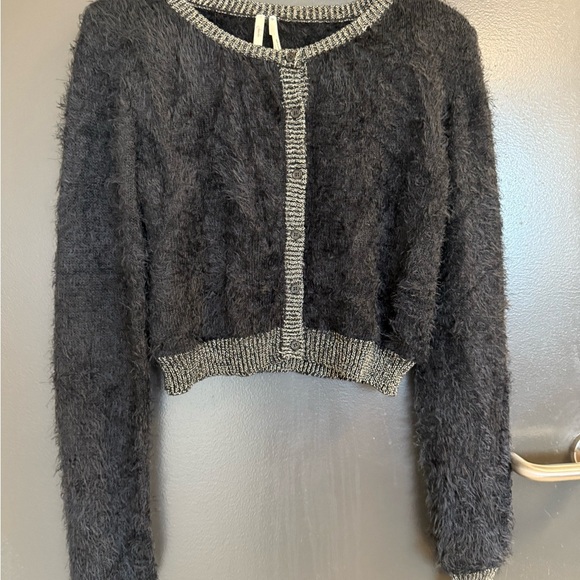 Frenchi L EUC super fun black and Light Gray really Fuzzy Cardigan - Picture 12 of 13